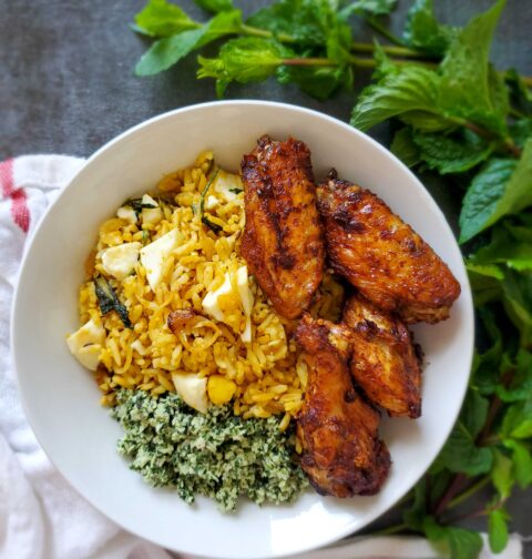 stir-fried egg biriyani with mint sambol and chicken wings