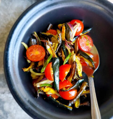 Air-fried eggplant salad