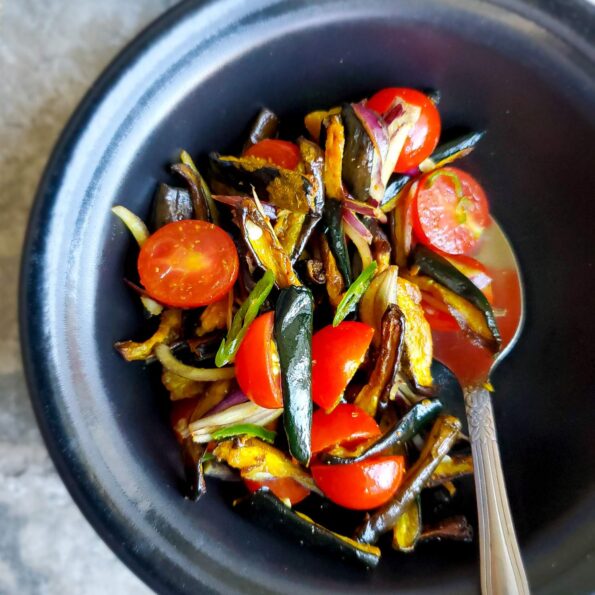 Air-fried eggplant salad